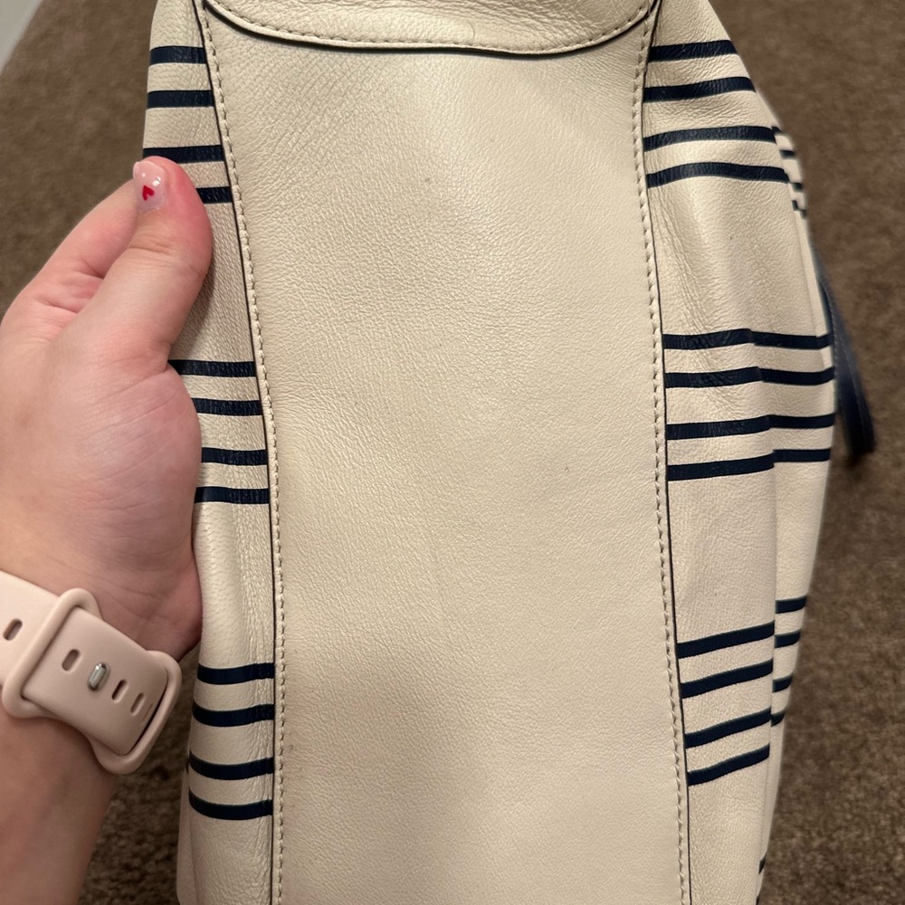 Tory Burch Cream and Navy Striped Drawstring Bucket Shoulder Bag - Picture 13 of 13